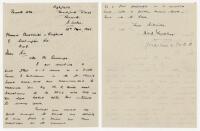 Norman Walter Dransfield Yardley. Cambridge University, Yorkshire & England, 1935-1955. Handwritten two page letter to a London estate agent dated 19th November 1947. Following a recommendation from Ronnie Aird, Assistant Secretary of the M.C.C., Yardley 