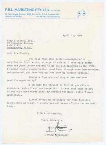 Irving Rosenwater. Cricket writer and collector. Single page typed letter from Rosenwater dated 17th April 1984. Writing from Sydney to a correspondent in Bromsgrove, Worcestershire, Rosenwater apologises for ‘this terrible delay’ having received the orig