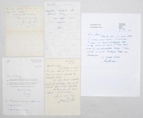 Surrey C.C.C. players’ letters 1950s onwards. Five letters from Surrey players responding to requests for autographs, invitations to events etc. Each letter signed by the featured player. Signatures are Peter [May], Tony Lock, Jim Laker, Ken [Barrington] 