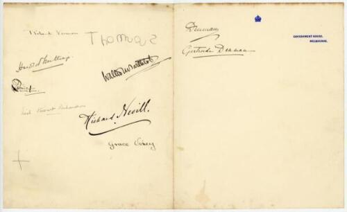 Pelham Francis ‘Plum’ Warner. Oxford University, Middlesex & England 1894-1920. M.C.C. tour to Australia 1911/12. Two pages on official Victoria Government letterheads, one for Government House, Melbourne, the other Government Cottage, Macedon Upper. The 