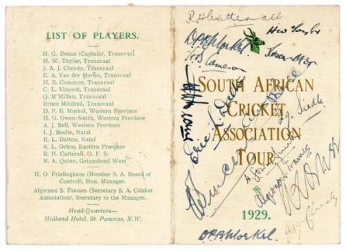 South Africa Tour to England 1929. Early and rare folding printed card itinerary with fixture list to centre pages and list of tour party members to last page. Nicely signed in ink to the front cover by fourteen members of the touring party. Signatures ar