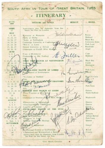 South Africa Tour to England 1955. Official folding tour itinerary signed in ink to the centre fixture list by all sixteen playing members of the tour. Signatures are Cheetham (Captain), McGlew, Fuller, Heine, Endean, Smith, Tayfield, Murray, Mansell, Wai