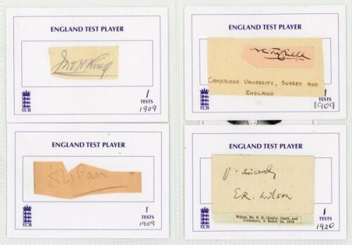 England &lsquo;One Test Wonders&rsquo; 1909-1924. Thirteen individual signatures, the majority in ink, of players who made only one Test appearance, each laid down to &lsquo;England Test Player&rsquo; card. Signatures are John Herbert King (Leicestershire 1895-1925, 1 Test 1909)