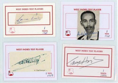 West Indies &lsquo;One Test Wonders&rsquo; 1939-2008. Seven individual signatures, the majority in ink, of players who made only one Test appearance, each on &lsquo;West Indies Test Player&rsquo; card. The majority on piece or label laid down, some signed to the card. Signatures