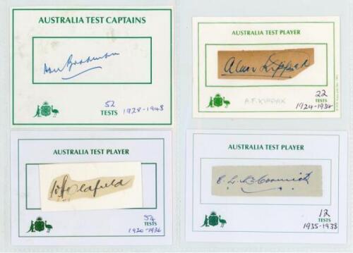 Australian Test cricketers 1920 onwards. Black file comprising a comprehensive collection of over two hundred individual signatures, mainly post-war, on white cards, the majority signed in ink with printed ‘Australia Test Player’ title and borders. Some s