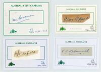 Australian Test cricketers 1920 onwards. Black file comprising a comprehensive collection of over two hundred individual signatures, mainly post-war, on white cards, the majority signed in ink with printed ‘Australia Test Player’ title and borders. Some s