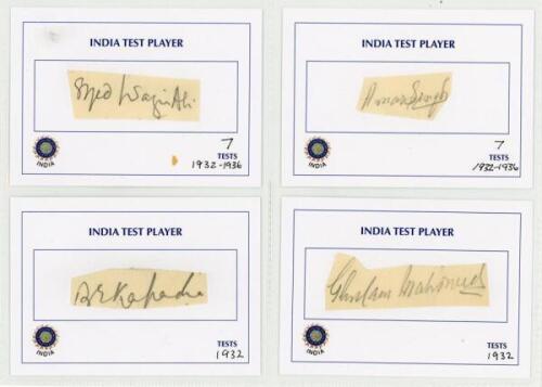 India 1930s onwards. Black file comprising a good selection of 112 signatures in ink or pencil on printed cards of Test and first-class Indian cricketers. Some signatures on labels laid down. Earlier signatures include Amar Singh, Sorabji Colah, Jahangir 