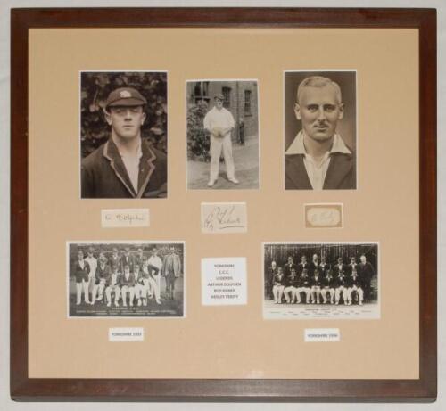 Yorkshire C.C.C. Legends&rsquo; 1920s/ 1930s. Three signatures in ink of Yorkshire players Arthur Dolphin, Roy Kilner and Hedley Verity, each signed to piece and window mounted below accompanying photographs of each player, and team photographs/ postcards of th
