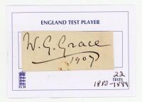 William Gilbert Grace. Gloucestershire & England 1865-1908. Nice signature in black ink of Grace, dated 1907, on piece laid to tightly trimmed card, and loosely attached to a printed ‘England Test Player’ card. VG.