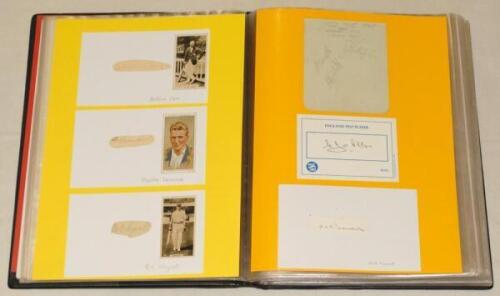 Cricket miscellany 1930s onwards. Black file comprising an extensive collection arranged by county of individual signatures on album pages, pieces laid down, cutting images, also official and unofficial autograph sheets/ cards, scorecards, letters etc. Th