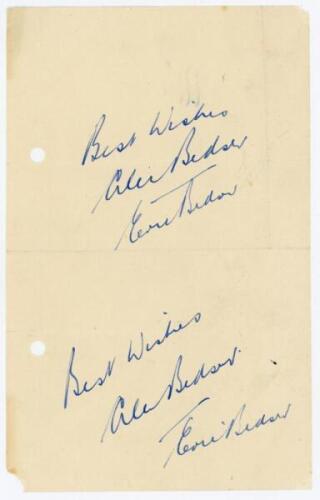 Alec and Eric Bedser. Page nicely signed in blue ink twice each be Alec and Eric Bedser. File holes not affecting the signatures. Horizontal and vertical folds, otherwise in good condition.