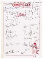 Test captains. Lancashire C.C.C. Conference Centre folding card signed by thirty one England and forty three other Test captains to the front, inside and rear of the card. England signatures include Sheppard, May, Mann, Denness, Graveney, Hussain, Colin a