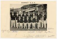 Surrey C.C.C. c.1965. Official mono image of the Surrey team seated and standing in rows wearing cricket attire and County blazers. Signed to the borders twelve of the featured players. Signatures are Stewart (Captain), Arnold, Edwards, Edrich, Storey, T