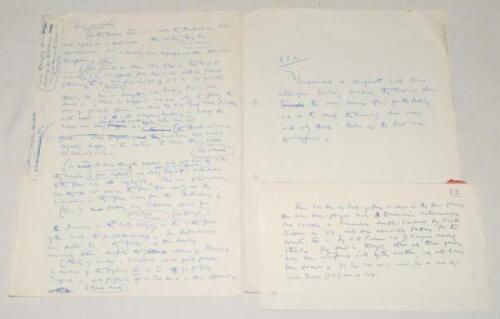 E.W. ‘Jim’ Swanton. ‘E.W.S. at Lord’s’. Three page handwritten article for ‘The Cricketer’. The article is undated, but was written shortly after Australia’s victory by four wickets over M.C.C. at Lord’s on the 1972 tour to England, ‘For the second time i