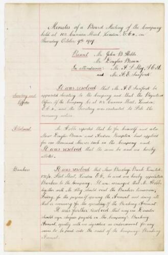 John Berry ‘Jack’ Hobbs, Surrey & England 1905-1934. ‘Minutes of a Board Meeting of the Company.. October 9th 1919’. Two pages of minutes written in ink in immaculate copper handwriting for a meeting which appears to relate to the formation of Hobb’s comp