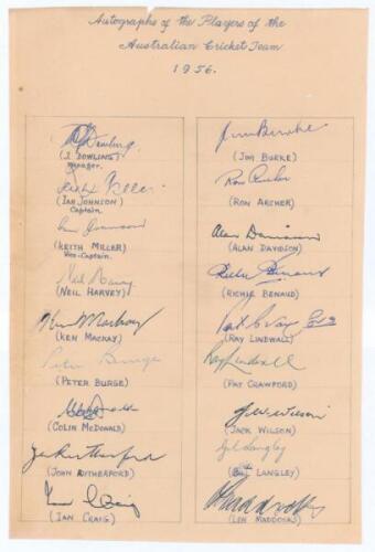 Australia tour to India & Pakistan 1956/57. ‘Autographs of the players of the Australian Cricket Team 1956’. An autograph sheet with handwritten title and players’ names, fully signed by all eighteen listed members of the Australian touring party. Signatu