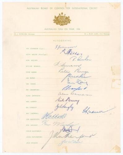 Australia tour to England 1956. Official autograph sheets fully signed in ink by all seventeen listed members of the touring party. Signatures are Johnson (Captain), Miller, Archer, Benaud, Burge, Burke, Craig, Crawford, Davidson, Harvey, Langley, Lindwal