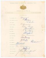 Australia tour to England 1956. Official autograph sheets fully signed in ink by all seventeen listed members of the touring party. Signatures are Johnson (Captain), Miller, Archer, Benaud, Burge, Burke, Craig, Crawford, Davidson, Harvey, Langley, Lindwal