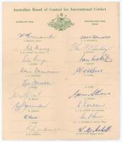 Australian tour of Pakistan and India 1959/60. Official autograph sheet fully signed in ink by seventeen members of the touring party including Benaud (Captain), Harvey, Davidson, Grout, Lindwall, McDonald, O’Neill, Burge, Mackay etc. Lacking the signatur