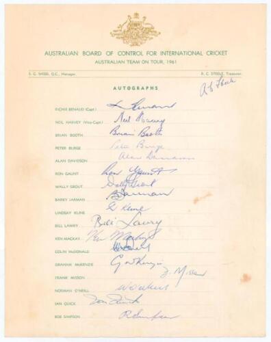 Australian tour of England 1961. Official autograph sheet signed in ink by eighteen members of the touring party. Signatures are Benaud (Captain), Harvey, Booth, Burge, Davidson, Gaunt, Jarman, Kline, Lawry, Mackay, McDonald, McKenzie, Misson, O’Neill, Qu