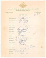 Australian tour of England 1961. Official autograph sheet signed in ink by eighteen members of the touring party. Signatures are Benaud (Captain), Harvey, Booth, Burge, Davidson, Gaunt, Jarman, Kline, Lawry, Mackay, McDonald, McKenzie, Misson, O’Neill, Qu