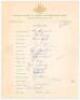 Australian tour of England 1961. Official autograph sheet signed in ink by eighteen members of the touring party. Signatures are Benaud (Captain), Harvey, Booth, Burge, Davidson, Gaunt, Jarman, Kline, Lawry, Mackay, McDonald, McKenzie, Misson, O’Neill, Qu