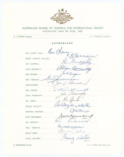 Australia tour to England 1968. Official autograph sheet fully signed by the seventeen playing members of the Australian touring party. Signatures are Lawry (Captain), Jarman, Chappell, Connolly, Cowper, Freeman, Gleeson, Hawke, Inverarity, Joslin, Mallet