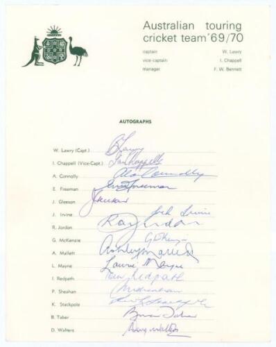 Australia tour to India 1969/70. Official autograph sheet fully signed in ink by all fifteen members of the touring party. Signatures are Lawry (Captain), Chappell, Connolly, Freeman, Gleeson, Irvine, Jordon, McKenzie, Mallett, Mayne, Redpath, Sheahan, St