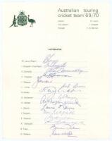 Australia tour to India 1969/70. Official autograph sheet fully signed in ink by all fifteen members of the touring party. Signatures are Lawry (Captain), Chappell, Connolly, Freeman, Gleeson, Irvine, Jordon, McKenzie, Mallett, Mayne, Redpath, Sheahan, St