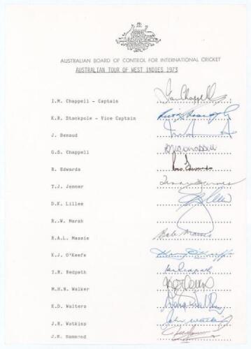 Australia tour of the West Indies 1973. Official autograph sheet signed in ink by fourteen playing members of the touring party. Signatures include I. Chappell (Captain), Stackpole, Benaud, G. Chappell, Lillee, O’Keefe, Walker, Walters, Watkins etc. Lacki