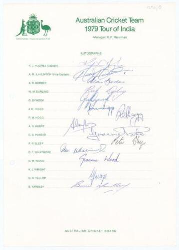 Australian tour of India 1979. Official autograph sheet fully signed in ink by fourteen members of the touring party including Hughes, Border, Hogg, Whatmore, Wood, Yallop, Yardley, Hilditch, Darling, Higgs, Sleep etc. Lacking the signature of Wright. Lig