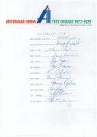 Australia v India 1977/78. Official Australian Cricket Board autograph sheet signed by twelve members of the Australian team. Signatures include Simpson, Hughes, Thomson, Toohey, Rixon, Cosier, Serjeant, Clark, Dyson, Gannon, Mann etc. Good/very good cond