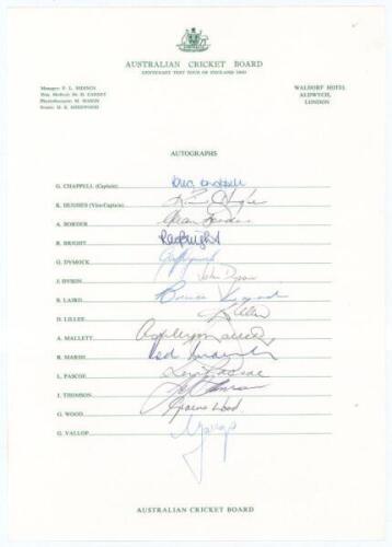 Australia tour to England 1980. Centenary Test tour. Official autograph sheet fully signed by the fourteen members of the Australia touring party. Signatures are Chappell (Captain), Hughes, Border, Bright, Dymock, Dyson, Laird, Lillee, Mallett, Marsh, Pas