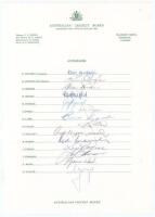 Australia tour to England 1980. Centenary Test tour. Official autograph sheet fully signed by the fourteen members of the Australia touring party. Signatures are Chappell (Captain), Hughes, Border, Bright, Dymock, Dyson, Laird, Lillee, Mallett, Marsh, Pas