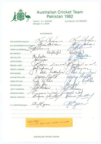 Australian tour of Pakistan 1982. Official autograph sheet fully signed in ink by sixteen members of the touring party including K.Hughes, Border, Alderman, Lawson, Marsh, Thomson, Wood, Sleep, Laird, Callen etc. The official sheet is normally found with 