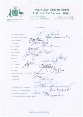 Australian tour to England and Sri Lanka 1981. Official autograph sheet fully signed in black and blue ink by twenty members of the Australian touring party. Players&rsquo; signatures include Hughes (Captain), Marsh, Alderman, Border, Bright, T. Chappell, Dyson