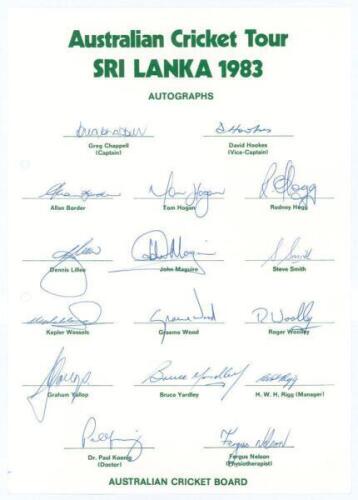 Australia tour to Sri Lanka 1983. Official autograph sheet signed by fifteen members of the Australia touring party. Signatures include G. Chappell (Captain), Hookes, Border, Hogg, Wessels, Wood, Lillee, Yallop, Smith, Yardley etc. Light fold otherwise in