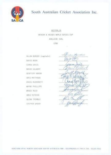 Australia 1986. Official South Australian headed autograph sheet for the Australian team who played England at Adelaide in the Benson & Hedges World Series Cup in 1986. Twelve signatures including Border, Boon, Davis, Gilbert, Marsh, McDermott, Reid, Trim