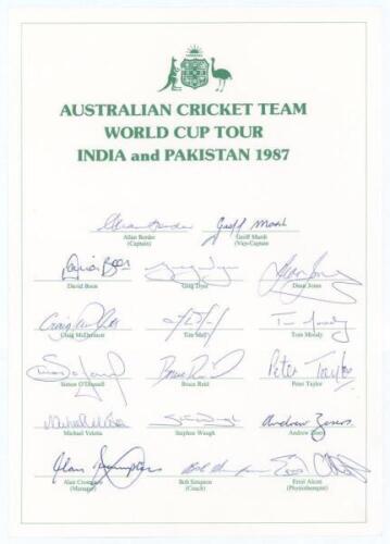 Australian tour of India and Pakistan for the World Cup 1987. Official autograph sheet fully signed in ink by all seventeen members of the touring party including Border, Marsh, Reid, S.Waugh, May, Taylor, McDermott, Moody, Boon etc. Very good condition. 