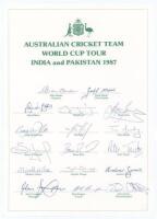 Australian tour of India and Pakistan for the World Cup 1987. Official autograph sheet fully signed in ink by all seventeen members of the touring party including Border, Marsh, Reid, S.Waugh, May, Taylor, McDermott, Moody, Boon etc. Very good condition. 