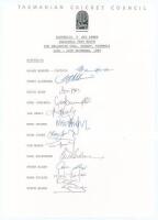 Australia v Sri Lanka 1989. Official autograph sheet fully signed by all twelve members of the Australian team who played Sri Lanka in the Inaugural Test Match at Hobart on the 16th-20th December 1989. Signatures include Border, Alderman, Boon, Healy, Hug