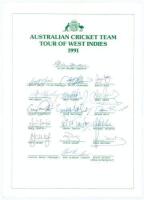 Australian tour of the West Indies 1991. Official autograph sheet signed in ink by seventeen members of the touring party including Border, Marsh, Healy, M. Waugh, Taylor, Reid, Boon, S. Waugh, Hughes, Veletta etc. Lacking the signatures of the manager, S