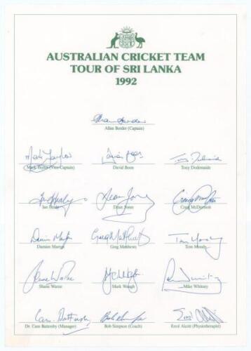 Australia tour of Sri Lanka 1992. Official autograph sheet fully signed in ink by all sixteen members of the touring party including Border, Warne, Taylor, Moody, Waugh, Martyn, Whitney, Healy etc. G.