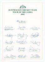 Australia tour of Sri Lanka 1992. Official autograph sheet fully signed in ink by all sixteen members of the touring party including Border, Warne, Taylor, Moody, Waugh, Martyn, Whitney, Healy etc. G.