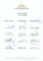 ‘Australian Cricket Team 1992- 93 Season’. Official A.C.B. autograph sheet signed by fifteen members of the Australian team for the series against West Indies in Australia. Signatures include Border (Captain), Healy, Matthews, Boon, M. Waugh, Martyn, S. W