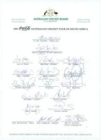 Australian tour of South Africa 1994. Official autograph sheet for the Australian tour of South Africa, signed with seventeen signatures including Border, Warne, Taylor, McGrath, M. Hughes, Hayden, Waugh, Reiffel, Slater etc. Lacking the signature of Batt