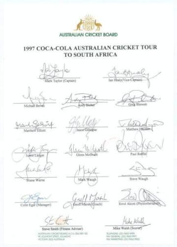 Australian tour of South Africa 1997. Official autograph sheet fully signed in ink by all twenty two members of the touring party including Taylor, M. Waugh, Hayden, Bevan, Elliott, Langer, Ponting, Warne, Slater, Bichel, S. Waugh etc. G.