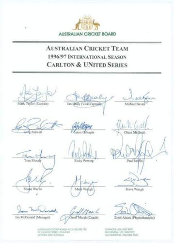 ‘Australian Cricket Team. 1996/97 International Season. Carlton & United Series’. Official autograph sheet signed by fifteen members of the Australian squad who played the West Indies. Signatures include Taylor, Healy, Bevan, McGrath, Warne, Waugh, Pontin