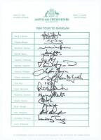 Australian tour of Sharjah 1994. Autograph sheet signed in ink by fifteen members of the touring party including Taylor, Waugh, Bevan, Hayden, Warne, McGrath etc. Signatures signed in slightly thicker pen. G.