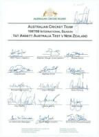 Australian v New Zealand 1997/98. Official autograph sheet for the 1st Test played at Brisbane, signed by sixteen members of the squad. Signatures include Taylor, Waugh, Blewett, McGrath, Warne, Ponting, Miller, Elliott, Kasprowicz etc. G.